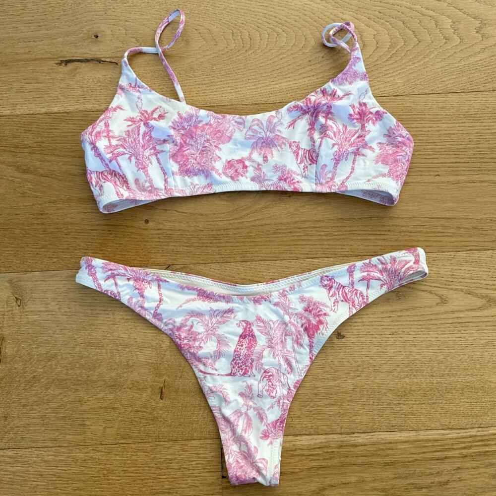 MC2 Saint Barth - Jungle Print Bralette Bikini Top & Bottoms in White & Pink